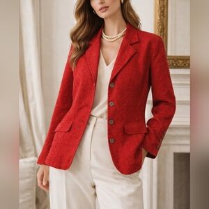 CHICOS 100% Silk Floral Knit Patterned Blazer, Red Orange, Unlined, Size 1, M